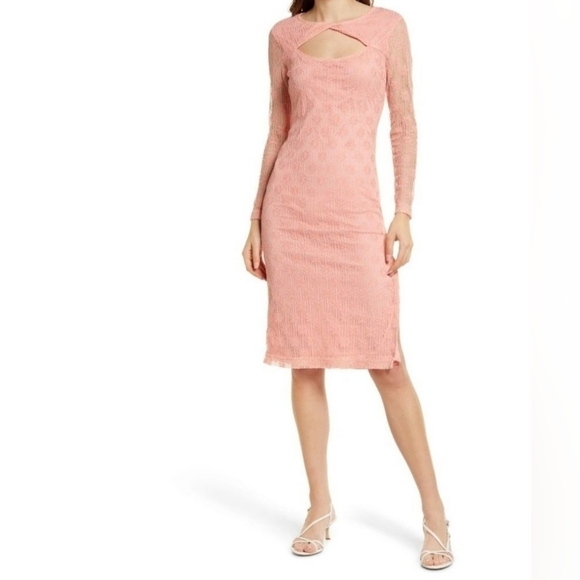 NWT BB Dakota Steve Madden Twist Neckline Lace Amici Dress Coral Sz L Bodycon - Picture 1 of 13